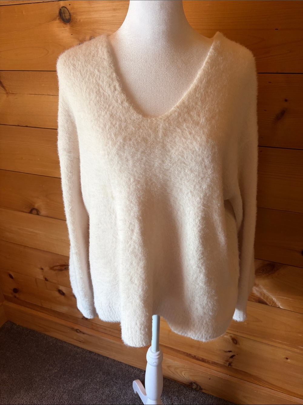 H&M Cream V-Neck Fluffy Knit Sweater